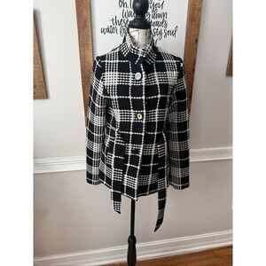 Poetry Clothing Women's Plaid Tweed Belted Winter Coat Black White Small
